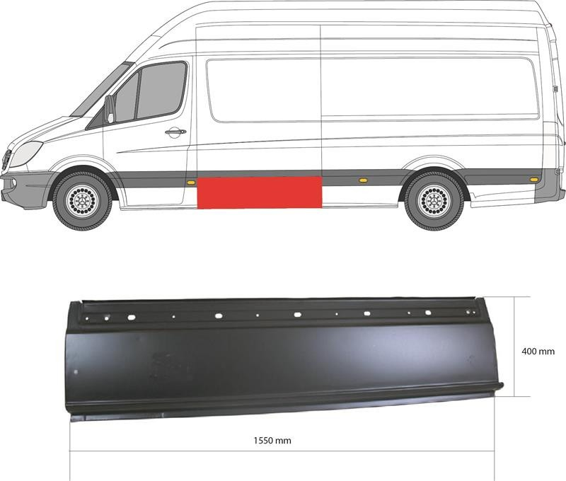 Sprinter Crafter A9066375009 yan sol etek sacı ve araç üzerinde kırmızıyla işaretlenmiş konumu