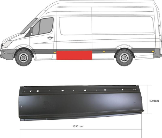 Sprinter Crafter A9066375009 yan sol etek sacı ve araç üzerinde kırmızıyla işaretlenmiş konumu
