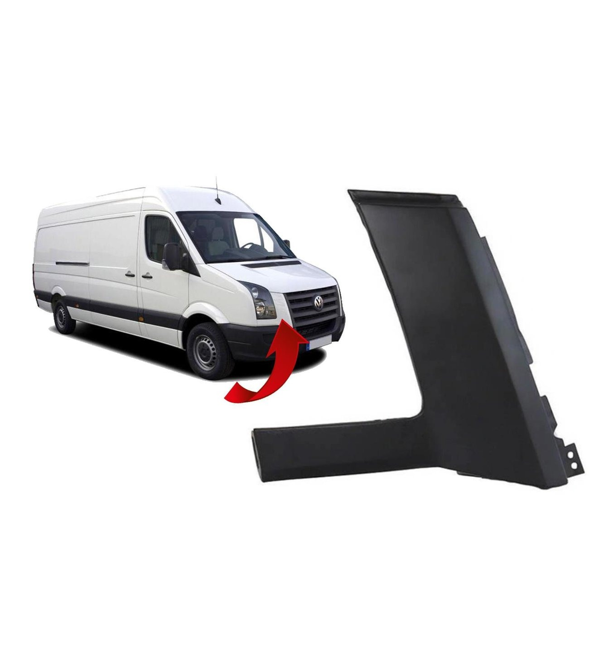 Crafter 2E0853166 far alt kaşı, siyah parça ve araç üzerinde kırmızı okla işaretlenmiş far altı bölgesi