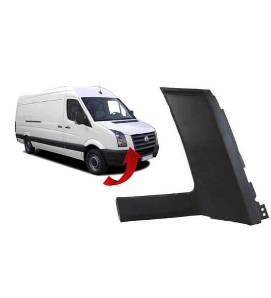 Crafter 2E0853166 far alt kaşı, siyah parça ve araç üzerinde kırmızı okla işaretlenmiş far altı bölgesi