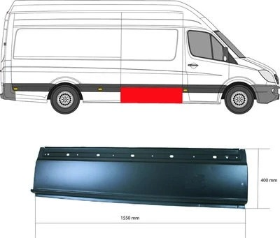 Sprinter Crafter A9066375109 sürgülü kapı alt etek sacı ve araç üzerinde kırmızıyla işaretlenmiş konumu