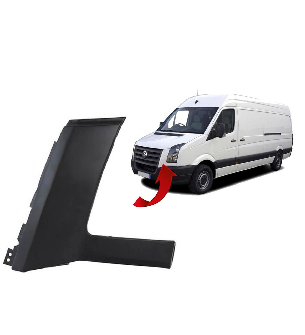 Crafter 2E0853165 sol far alt kaşı, siyah parça ve araç üzerinde kırmızı okla işaretlenmiş far altı bölgesi